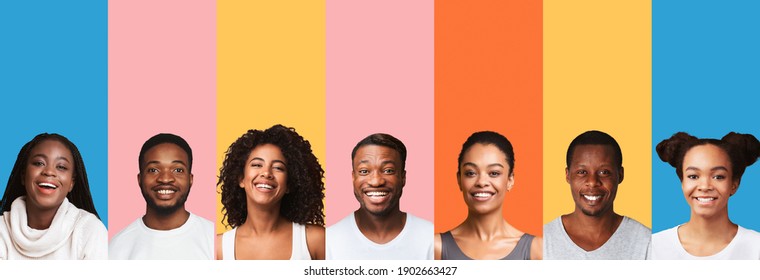 Collage Of African American Millennial People Portraits On Bright Colorful Backgrounds. Collection Of Happy And Beautiful Black Female And Male Headshots. Panorama
