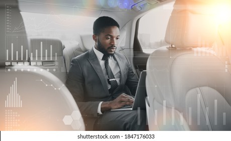 Collage Of African American SEO Manager Working On Laptop At Back Seat Of His Car And Financial Charts On Virtual Screen, Panorama. Businessman Making Research To Promote Company Services Online