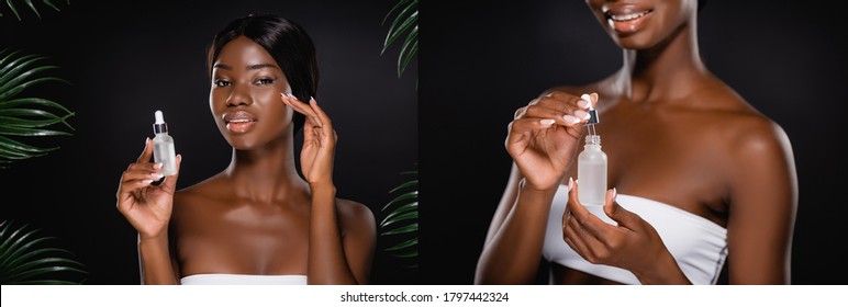 collage of african american woman holding bottle with serum near green palm leaves isolated on black, panoramic shot
