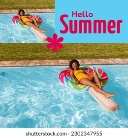 Collage of african american woman relaxing on inflatable ring in swimming pool and hello summer text. Composite, lifestyle, swimwear, pool party, season, enjoyment and holiday concept. - Powered by Shutterstock