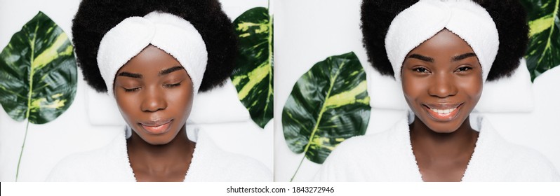 Collage Of African American Woman In White Headband And Bathrobe Lying Near Green Leaves In Spa Salon, Banner