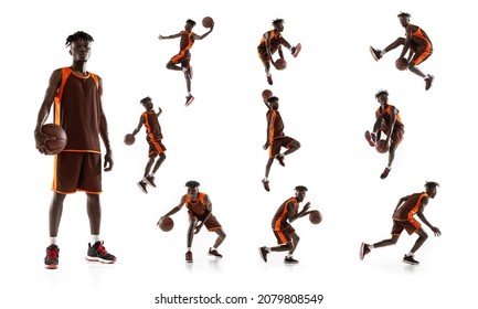 Collage of african man, professional basketball player training, practicing with ball isolated over white background. Concept of professional sport, healthy lifestyle, motion and action - Powered by Shutterstock