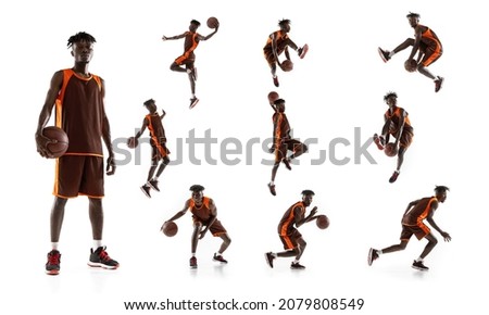 Collage of african man, professional basketball player training, practicing with ball isolated over white background. Concept of professional sport, healthy lifestyle, motion and action