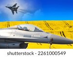 Collage of air fighters F-16, russian and Ukraine flag from Blue sky and yellow field.