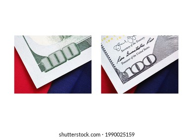 The Collage Of American One Hundred Dollar Bill Back And Front Side On USA Flag Background. Close Up, Selective Focus.
