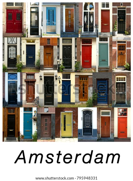 Collage Ancient Doors Amsterdam Holland Presented Stock Photo