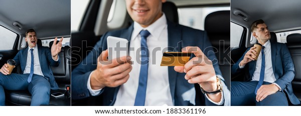 Collage of\
angry and smiling businessman holding coffee to go and using\
smartphone with credit card in car,\
banner