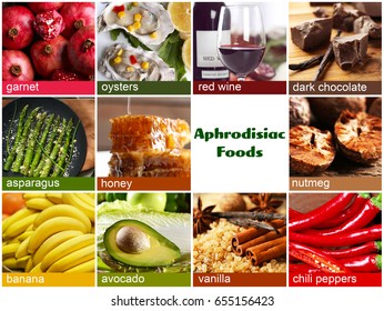 Collage of aphrodisiac food. Meal for stimulating sexual desire