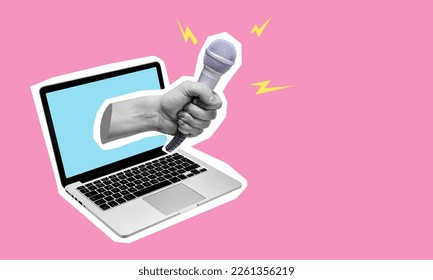 Collage art, a hand with a microphone protruding from a laptop against a pink background. Yellow press from laptop, daily news.