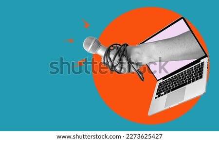 Collage art, the hand with a microphone sticking out of the laptop on blue background. Yellow press from a laptop, daily news.