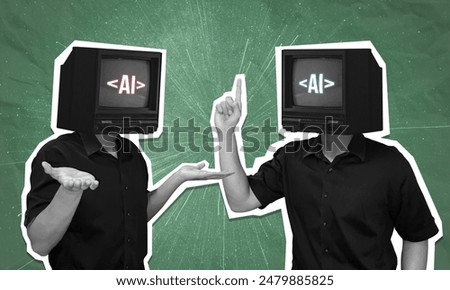 Collage art of interaction between AI. Man representing Artificial intelligence with TV head giving hand gestures to communicate, isolated on green background.