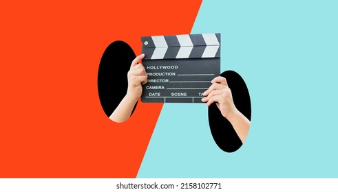 Collage Art Kid Hands Holding Clapper Board Making Video Cinema In Studio.Movie Production Clapper Board, Slate Film.Action, Theatre Day.cut, Director, Film Industry, Hollywood.Video Live Streaming.