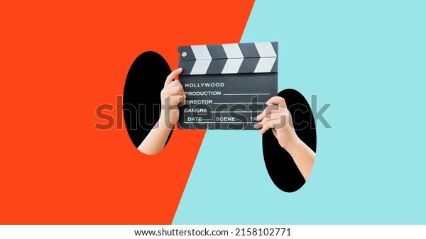 Collage art kid hands holding clapper board\
making video cinema in studio.Movie production clapper board, slate\
film.Action, theatre day.cut, Director, film industry,\
hollywood.Video live\
streaming.