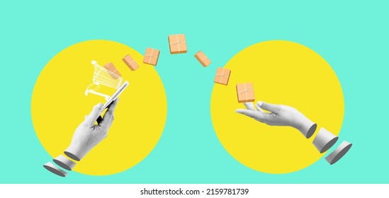 Collage art people hand holding phone send parcels product. postmen Deliver Mail and Packages to Customers. Mail Delivery Service, Postage Transportation. Profession, Occupation. Technology business. - Shutterstock ID 2159781739