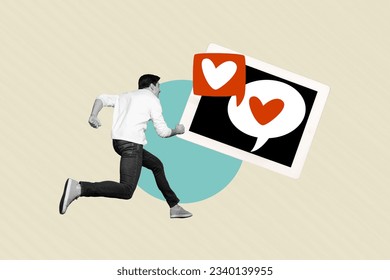 Collage art picture advertisement running guy click like match tinder app find his love second part isolated on painting background
