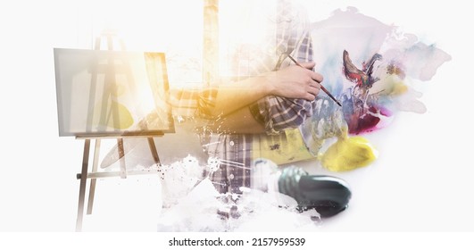 Collage with artist, drawing easel and paints on white background - Powered by Shutterstock