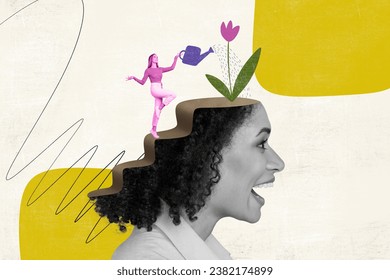 Collage artwork comics magazine of funky crazy woman with growing blooming tulip on her head isolated on painted background