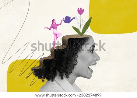 Collage artwork comics magazine of funky crazy woman with growing blooming tulip on her head isolated on painted background