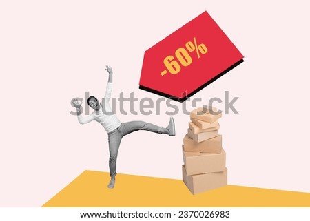 Collage artwork of funky young man shopaholic pricetag label delivery carton packages cargo minus sixty percent isolated on pink background