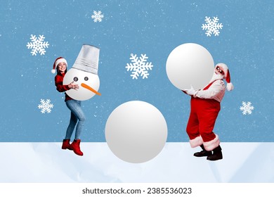 Collage artwork graphics of funny santa claus elf building xmas snow man isolated blue color painting background