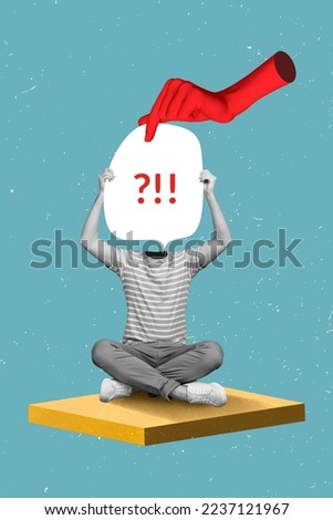 Collage artwork graphics picture of arm holding speaking bubble instead of puzzled guy head isolated painting background