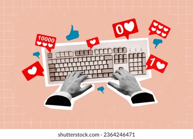 Collage artwork graphics picture of arms typing retro keyboard getting likes isolated painting background