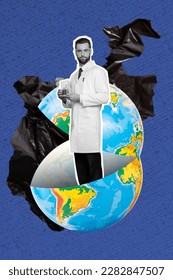 Collage artwork graphics picture of confident guy creating planet saving medicine isolated painting background - Shutterstock ID 2282847507