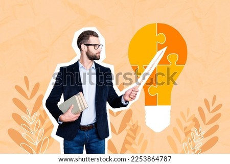 Collage artwork graphics picture of confident cool guy showing news start up presentation isolated painting background