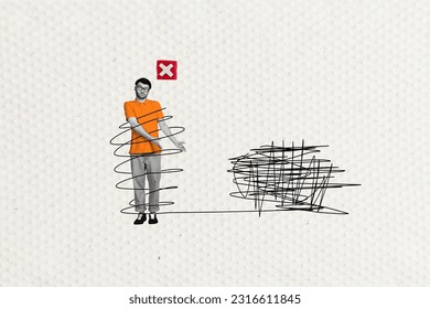 Collage artwork graphics picture of doubtful unsure guy having mental psychology problems isolated painting background