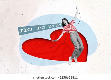 Collage artwork graphics picture of funny lady deny falling in love celebrating 14 february isolated painting background