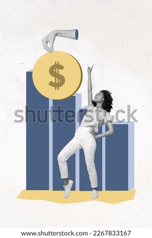 Collage artwork graphics picture of funny happy lady pointing finger big coin isolated painting background