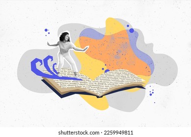 Collage artwork graphics picture of happy smiling diving inside interesting book isolated painting background