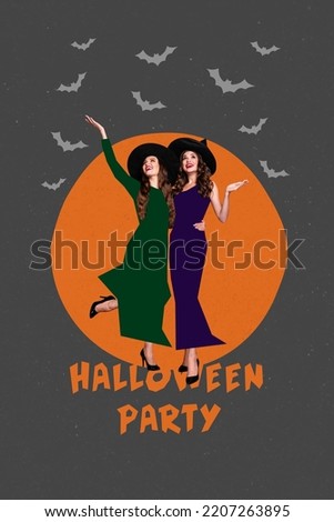 Collage artwork graphics picture of happy smiling lady witches embracing enjoying bats flight isolated painting background