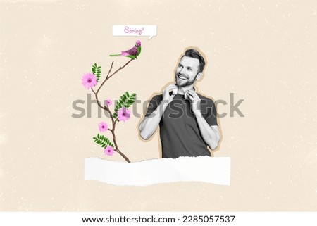 Collage artwork graphics picture of happy smiling guy enjoying spring coming isolated painting background