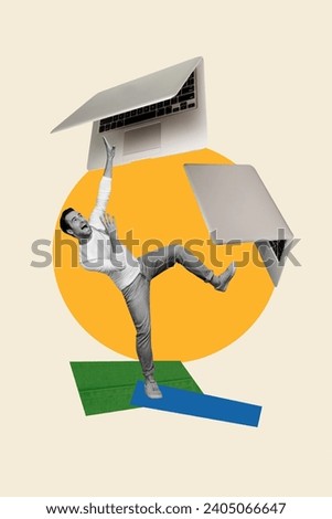 Collage artwork graphics picture of impressed guy pressing by online work isolated painting beige color background