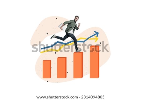 Collage artwork graphics picture of purposeful excited guy running achieving success isolated painting background