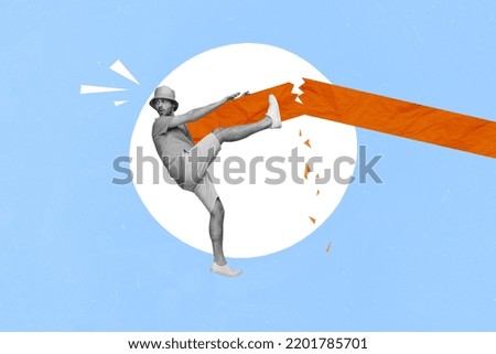 Collage artwork graphics picture of shocked impressed guy falling down broken brunch isolated painting background