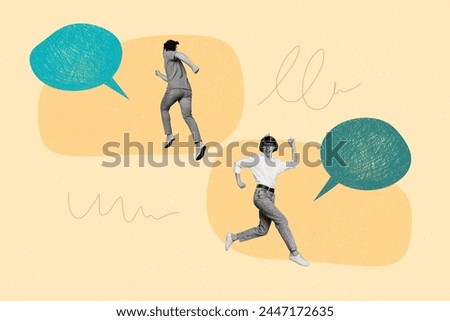 Collage artwork image of cheerful funny two people going fast sharing news empty space isolated on drawing background