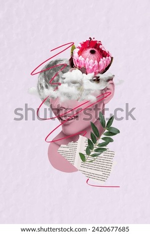 Collage artwork image of lovely happy girl wildflower on head isolated over creative drawing background