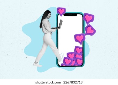 Collage artwork photo of young date online attractive girl hold netbook walk inside display phone advert internet website isolated on blue background - Powered by Shutterstock