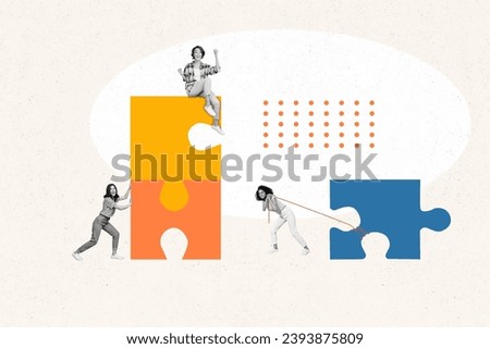Collage artwork photo of young girls decided create startup together complete picture puzzles completed isolated on beige background