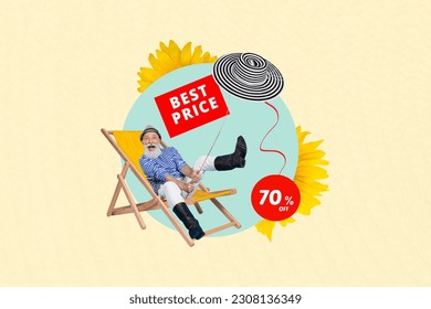 Collage artwork picture of excited senior guy catching best price sunhat isolated beige painting background