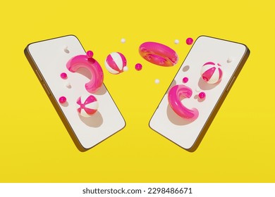 Collage artwork of two 3d render modern smartphones touchscreen display website buy travel equipment isolated on yellow color background