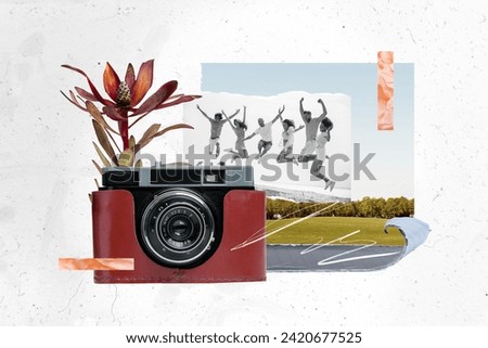 Collage artwork vintage aperture photocamera shooting travel blog group friends jumping together in forest isolated on white background