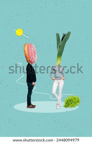 Collage artwork of weird two people standing together healthy nutrition vitamins vegetables vs unhealthy products