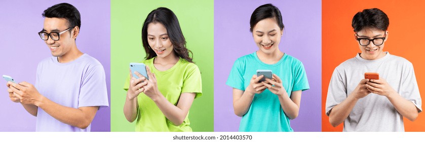 Collage of asian people using mobile phones and isolated on multicolor background
