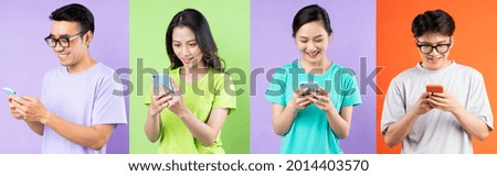 Collage of asian people using mobile phones and isolated on multicolor background

