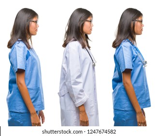 Collage Of Asian Young Surgeon Doctor Or Nurse Woman Standing Over White Isolated Background Looking To Side, Relax Profile Pose With Natural Face With Confident Smile.