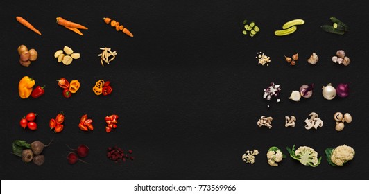 Collage of assorted vegetables isolated on black background. Whole and cut cooking ingredients for sald or soup. Vegetarian food, vitamins and eating right concept, top view, copy space - Powered by Shutterstock