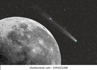 Collage of astronomical photos. Photo of the moon through a telescope. A real photo of a comet in the starry sky. A comet  C / 2013 R1 Lovejoy flies over the surface of the moon. - Powered by Shutterstock